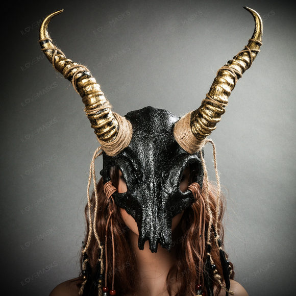 Antelope Devil Animal Skull with Gold Impala Horns Masquerade Mask - Black - Picture 10 of 10